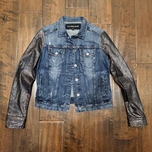 Express Dark Jean Jacket with Black and Silver Metallic Sleeves